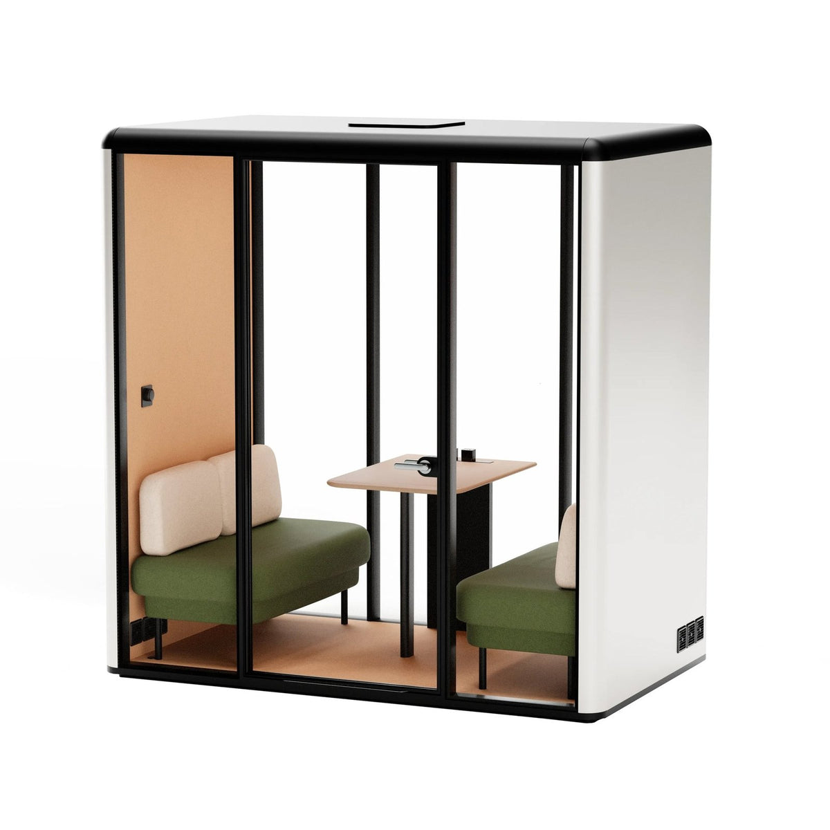 Essen L Akustikkabine für 2–4 Personen – Warmweiß, Sofa: beige/grün