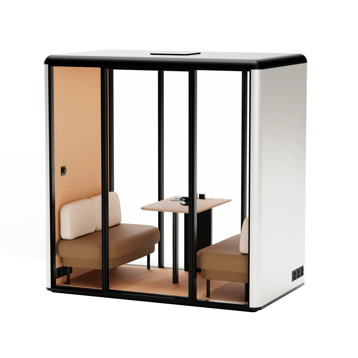 Essen L Akustikkabine für 2–4 Personen – Warmweiß, Sofa: beige/braun