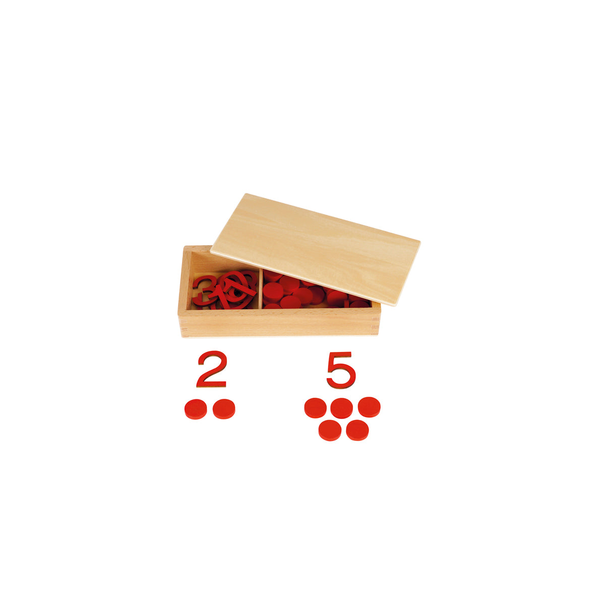 Montessori-Ziffern und Chips in Holzbox