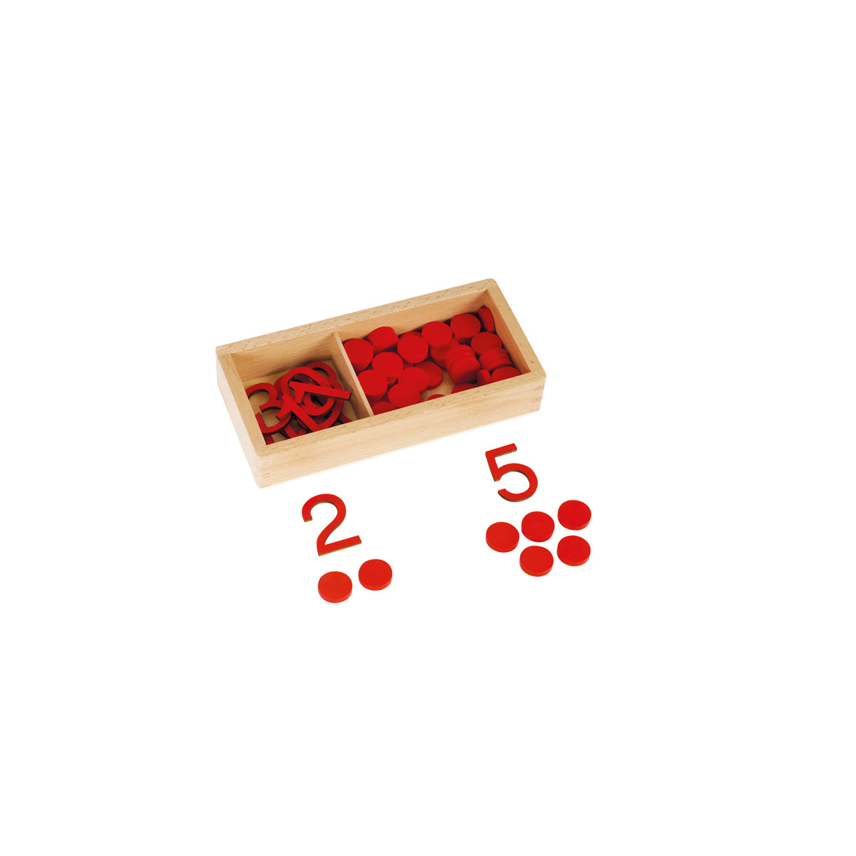 Montessori-Ziffern und Chips in Holzbox