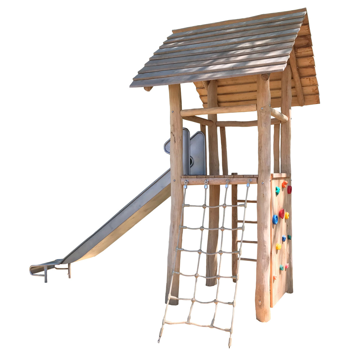 4-Eck-Spielturm mit Rutsche und Kletterwand