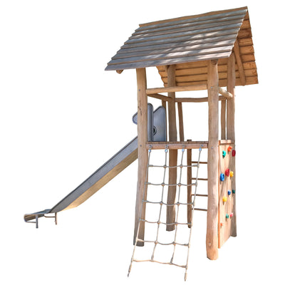 4-Eck-Spielturm mit Rutsche und Kletterwand