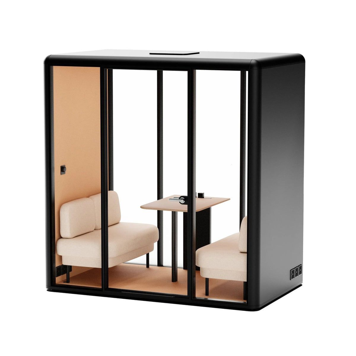 Essen L Akustikkabine für 2–4 Personen – Dunkelgrau, Sofa: beige