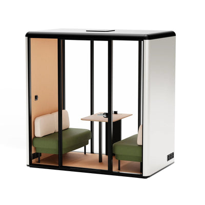 Essen L Akustikkabine für 2–4 Personen – Warmweiß, Sofa: beige/grün