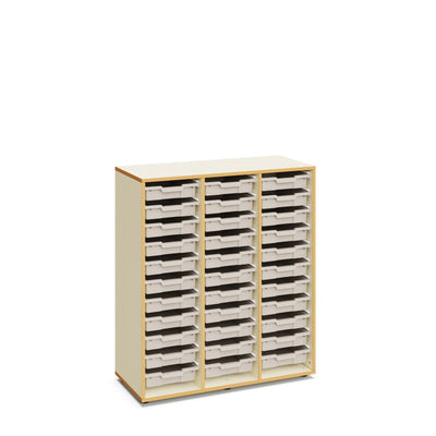 Sophie Schrank mit 33 flachen Boxen – Warmes Grau